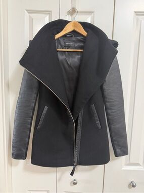 Mackage Black Wool Leather Sleeve Asymmetrical Zip Coat Jacket